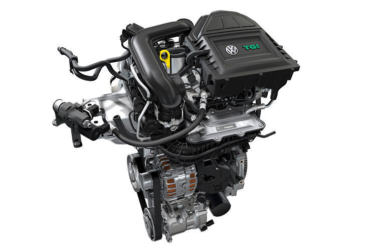 Der neue 1.0-TGI-Dreizylindermotor mit 66 kW/90 PS ist fertig. Der bivalente Turbodirekteinspritzer wird hauptsächlich mit verdichtetem Erdgas, Compressed Natural Gas (CNG) und Superkraftstoff betrieben. Modelle mit der CNG-Motorisierung werden noch nicht zum Verkauf angeboten. (Volkswagen)