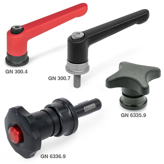 Ganter hat bewährte Kreuzgriffmuttern, Sterngriffschrauben und verstellbare Klemmhebel mit Spannkraftverstärkung ausgestattet. (Bild:  Ganter)