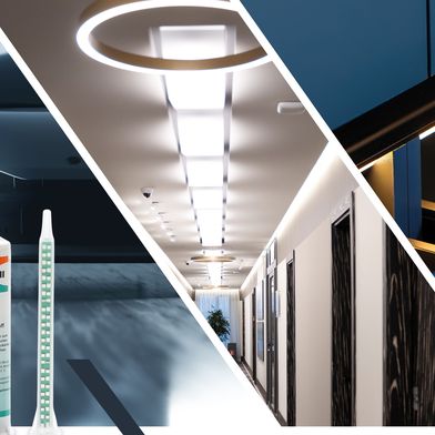 Der glasklare Konstruktionsklebstoff Technicoll 9430-1 ermöglicht sanftes LED-Licht in Hotelfluren, strahlende Leuchtreklamen sowie sicheren Halt für Scheinwerfer und Leuchtleisten.  (Bild: Ruderer)