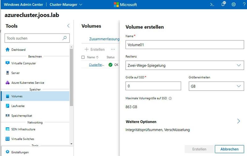 Erstellen neuen Speicherplatzes mit „Azure Stack HCI“. (Joos/Microsoft (Screenshot))