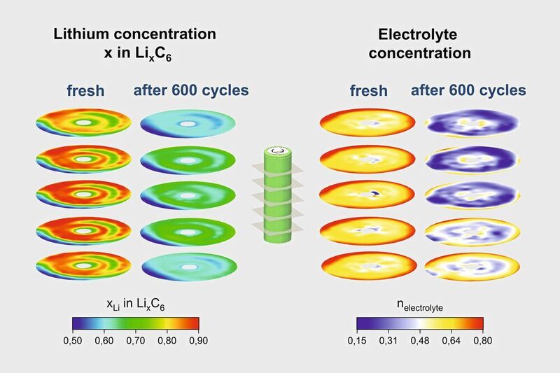 Farblich gekennzeichnete Konzentration von Lithium (links) und Elektrolyt (rechts) in einer frischen und einer gealterten (600 Lade- bzw. Entladezyklen) Lithium-Ionen Zelle.  (Anatoly Senyshyn / TU München)
