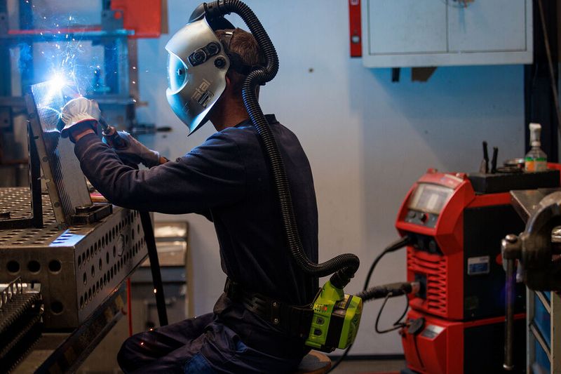 Dünnblechschweißen mit der TPS 320i und dem automatisch abblendenden Schweißhelm mit Frischluftzufuhr.(Bild:  Fronius)