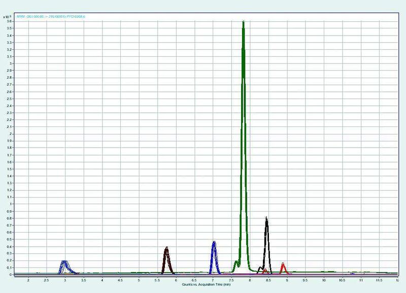 4	 Eine Abwasserprobe wurde mit 0,5 ng/mL aufgestockt und achtmal unabhängig voneinander aufgearbeitet. Zu erkennen ist eine gute Reproduzierbarkeit: PFPeA (blau), PFHxA (braun), PFHpA (lila), PFOA (grün),  PFNA (rot), PFOS (schwarz), PFDA (gelb) (Archiv: Vogel Business Media)