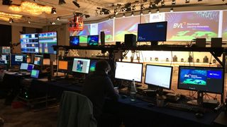 Das Plenum im Hotel Interconti, Kongressbesuchern als die große Bühne aus den verbundenen Sälen Potsdam I-III bekannt, wurde kurzerhand zum Sendesaal umfunktioniert. (BVL)