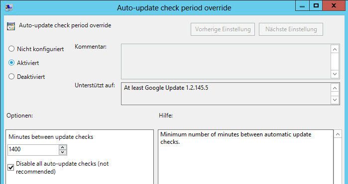 Nach dem Import lässt sich das Updateverhalten über Computerkonfiguration\Richtlinien Administrative Vorlagen\Klassische administrative Vorlagen\Google\Google Update steuern. Die Einstellung lässt sich auch in der Registry über den Wert HKEY_LOCAL_MACHINE\SOFTWARE\Policies\Google\Update\AutoUpdateCheckPeriodMinutes fest. (Archiv: Vogel Business Media)