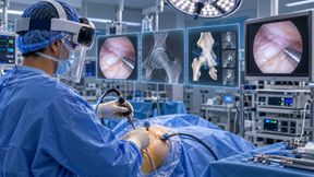 Hüftarthroskopie mit Video-See-through-Headset. Eingeblendet sind Arthroskopiebild, CT-Daten und Planung; ein konventioneller Monitor dient als zusätzliche Anzeige. (KI-generiert / Redaktion Devicemed)