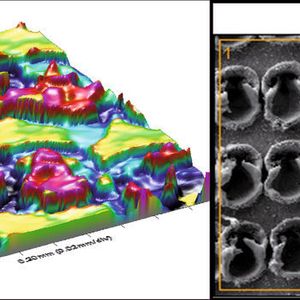 Abb. 1: Laserstrukturierte Hartmetalloberfläche (links mit optischer Oberflächenprofilometrie gemessen, rechts REM-Bild).