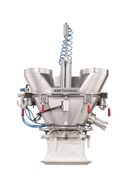 Azo Andocksystem Im Jahre 2007 folgte dann das CleanDock, ein automatisches Andocksystem zum staubdichten Andocken und gleichzeitiger Waagenentkopplung, welches ein Herzstück von Container- und ShuttleDos-Systemen ist.  (Quelle: Azo)