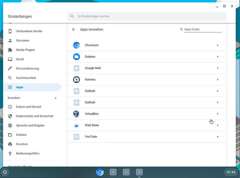 Die installierten Apps werden in den Einstellungen verwaltet. Hier können auch die PlugIns konfiguriert werden. (©  Neverware/Joos)