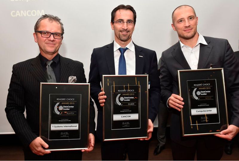 Die Leserwahl für den besten „Managed Service Provider“ konnte T-Systems International, vertreten durch Thomas Aschenbrenner, für sich entscheiden. Für CANCOM war Martin Mayr zu Gast, Computacenter wurde vertreten durch Christian Herzog (von links). (Bild: VIT)