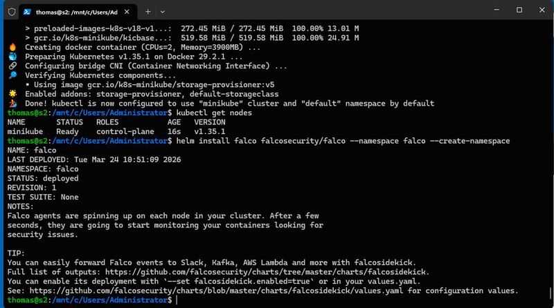 Start eines Minikube-Clusters und erfolgreiche Bereitstellung von Falco über Helm mit aktivem Kubernetes-Node im Status 