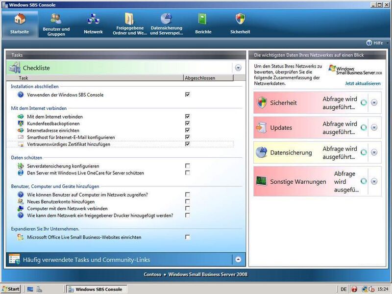 Abbildung 1: Das zentrale Administrationsfenster des Small Business Server 2008 unterstützt mit vielen Assistenten bei der Verwaltung. (Archiv: Vogel Business Media)