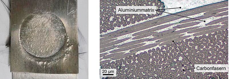 Bild 2: Gefügte Lagenstruktur aus Aluminiumblechen und Carbongewebelagen (links); Schliffbild (rechts): von Aluminiummatrix infiltrierte, senkrecht zueinander orientierte Faserbündel (Bild: Marx)