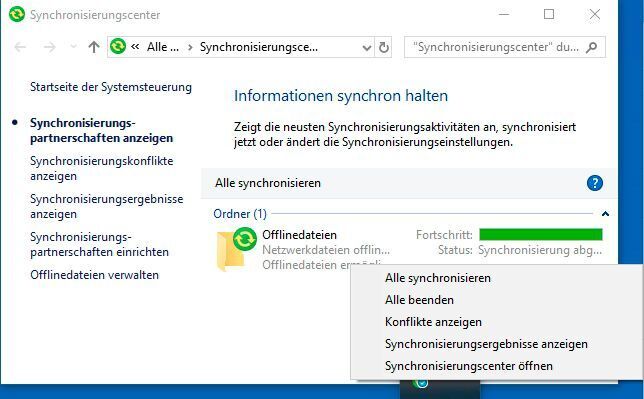 Synchronisierungscenter in Windows 10. (Joos/Microsoft (Screenshot))