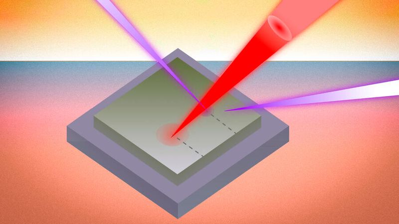 Um zu messen, wie sich Wärme durch Materialien ausbreitet, erhitzen Forscher des MIT eine Probe mit Laserimpulsen (rot), während ultraschnelle Röntgenstrahlen (violett) mehrere Materialschichten durchdringen und die Veränderungen messen, die bei der Wärmeabgabe auftreten.(Bild:  MIT news)
