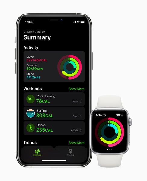 Die beim Training erfassten Daten, wie Herzfrequenz und Kalorienverbrauch können direkt auf der WatchOS 7 oder in optimierter Ansicht in der App „Fitness“ abgerufen werden. (Apple)