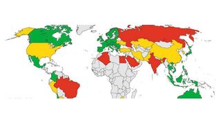 Die VDMA-Weltkarte des freien Handels weist viele rote und gelbe Flächen auf – ein deutliches Warnzeichen, dass wichtige Märkte sich abschotten oder den internationalen Austausch von Waren zunehmend erschweren. (VDMA)