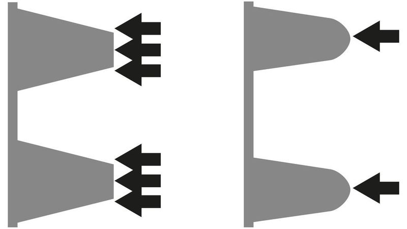Links: Standard-Geometrie, rechts dryspin Geometrie: Durch abgerundete Zähne an der Spindel herrscht bei radialen Kräften oder Schwingungen weniger Kontaktfläche zwischen der Spindel und der Mutter. Geringere Vibrationen und Geräuschentwicklungen sind die Folge. (Bild: Igus)