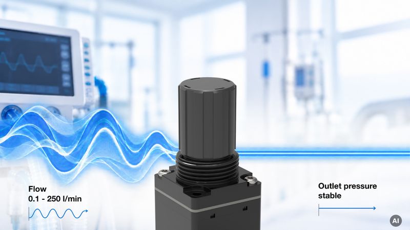 Dynamisch wechselnde Volumenströme stellen hohe Anforderungen an die Druckregelung. Der High-Flow-Druckregler von Kendrion hält den Ausgangsdruck auch bei wechselndem Verbrauch stabil. (Bild:  Kendrion)