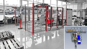 Maximale Wertschöpfung durch präzise, automatisierte Zerlegung: die Sondermaschine für Paletten-Recycling von BHV-Automation. Das System besteht aus einem Industrieroboter mit Systemgreifer, einer speziell entwickelten 
Sägeeinheit und einer intelligenten Software.  (Bild:  BHV-Automation)