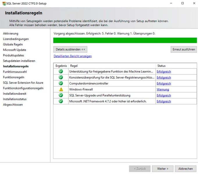 SQL Server 2022 überprüft die Installationsregeln zur Installation des Datenbankservers.  (Bild: Joos (Screenshot))