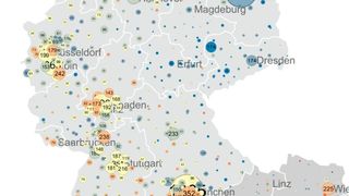 Die regionale Verteilung von Freelancern aus der Ingenieur- und Technikbranche. Farblich dargestellt sind die durchschnittlichen Stundensätze. (Bild: freelance)
