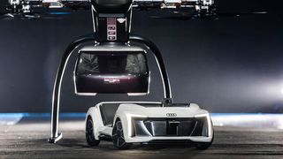 Das Flugtaxi-Konzept „Pop.Up Next“ soll ein selbstfahrendes Elektroauto mit einer Passagierdrohne kombinieren. (Audi)