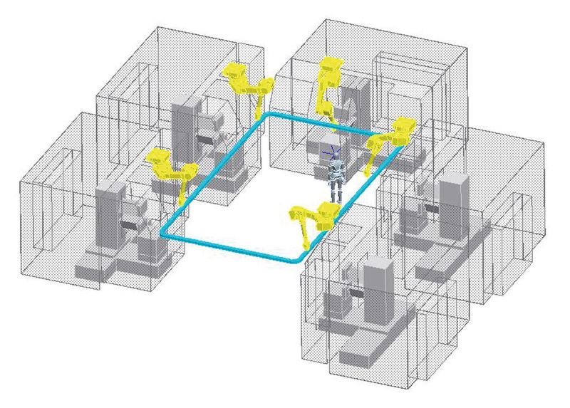 Bild 4: Layout einer Zelle mit fünf Schleifmaschinen zum Bearbeiten mittlerer bis großer Losgrößen. (Bild: Elb-Schliff)