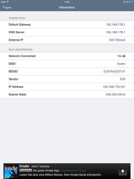 Abbildung 3: Network Analyzer zeigt auf einen Blick alle wichtigen Netzwerkdaten des iPads an. (Bild: Joos)