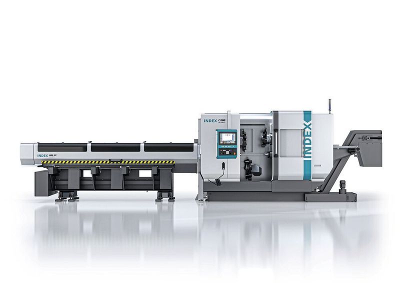 Index-Produktionsdrehautomat C200 Tandem mit Doppelspindel ausgerüstet mit dem Stangenlader Index MBL 52 Tandem. (Index)