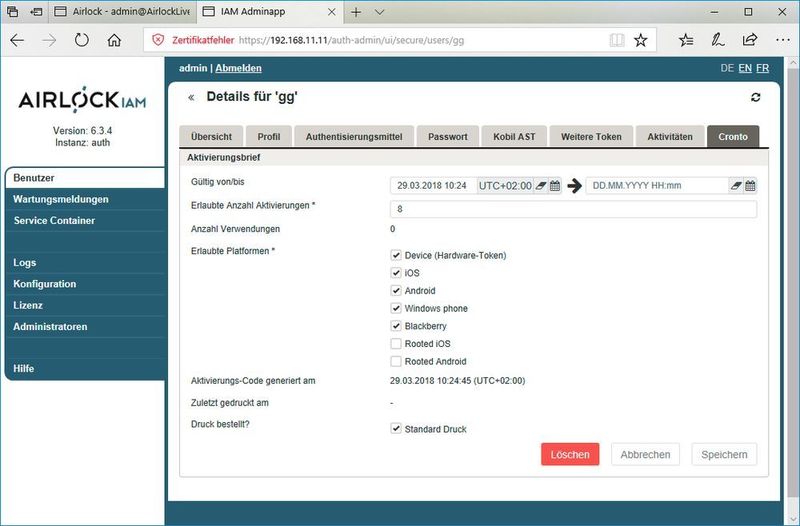 Die Managementoptionen für die CrontoSign-Authentifizierung mit Gültigkeitsdauer des Aktivierungsbriefs, den erlaubten Plattformen und ähnlichem. (IAIT)