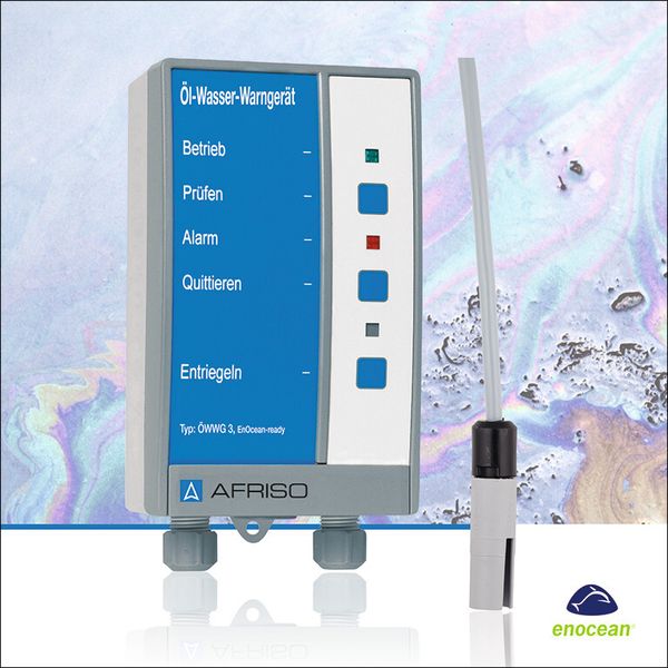 Das Öl-Wasser-Warngerät ÖWWG 3 mit En-Ocean-Funk von Afriso lässt sich einfach in die Gebäudeautomation einbinden und dann über einen PC, ein Smartphone oder ein Tablet komfortabel und ortsunabhängig steuern. Eine permanente Lecküberwachung aus der Ferne ist hierdurch möglich. (Bild: Afriso)