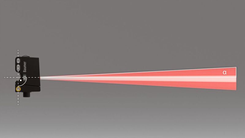 So funktioniert qTarget: Die optische Achse des Sensors ist rechtwinklig auf die Befestigungslöcher referenziert. Der maximale Schielwinkel α beträgt 1 Grad, hier zur Veranschaulichung deutlich größer dargestellt.  (Bild: Baumer GmbH)