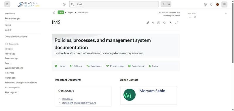 Das IMS-Wiki der Demo gibt die Gliederung eines Managementsystems mit Richtlinien, Prozessen, Rollen, Arbeitsanweisungen, ISO-27001-Handbuch und Statement of Applicability vor. (Bild: Joos – Hallo Welt!)