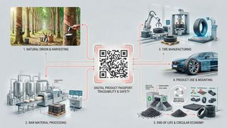 Der Digital Product Passport (DPP) macht den Lebenszyklus eines Autoreifens sichtbar – von der Kautschukgewinnung in der Natur über Herstellung und Nutzung bis hin zum Recycling. (Bild: Leibinger)