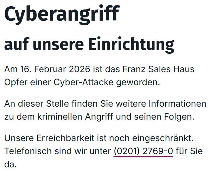 Das Franz-Sales-Haus in Essen berichtete, am 16. Februar das Opfer einer Cyberattacke geworden zu sein und veröffentlichte ein FAQ. (Bild: Vogel IT-Medien GmbH)