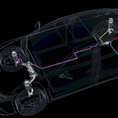 Die schematische Darstellung der Leitungs- und Verbindungssysteme für die Luftfederung und aktive Fahrwerke. (Bild: Voss Automotive)