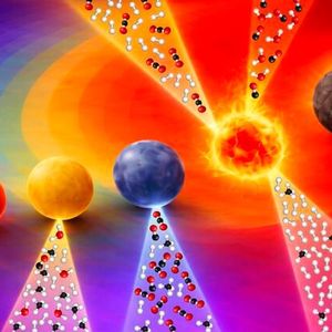 The evolution of carburization (depicted by the spheres) under kinetic control (illustrated by the surface contours). The molecular beams represent gas evolution under synthesis conditions while the fiery sphere highlights the formation of the pure tungsten semi-carbide phase with additional molecular beams at the top to illustrate its catalytic performance.(Source:  Sinhara M. H. D. Perera)