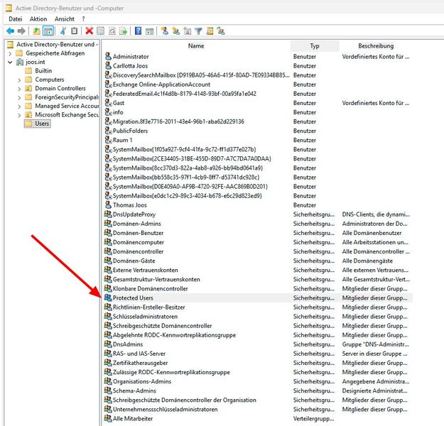 Verwalten der Gruppe Protected Users in der grafisschen Oberfläche. (Bild: Joos)