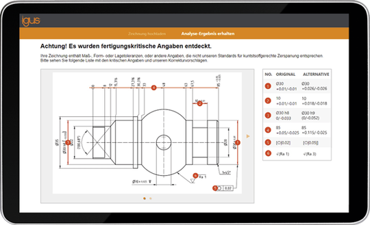 (Anwender können ihre technische Zeichnung als PDF- oder Bilddatei hochladen. Das Toleranzcheck-Tool prüft die Machbarkeit der Toleranzen und nennt Korrekturvorschläge. Bild: igus GmbH)