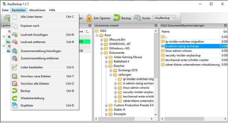 Wenn eine Datei oder ein Verzeichnis markiert ist, stehen über den Menüpunkt „Bearbeiten“ weitere Befehle zur Verfügung. Über den Menüpunkt „Kopieren nach“ lassen sich einzelne Dateien ebenfalls wiederherstellen. (Bild: Thomas Joos)