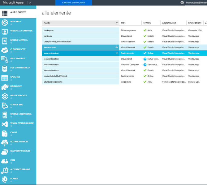Durch einen Klick auf „Azure Portal“ lässt sich die alte Ansicht zur Verwaltung von Microsoft Azure anzeigen. Über den oberen Bereich im klassischen Portal können Administratoren wiederum zur neuen Ansicht zurück wechseln. (Bild: Microsoft)
