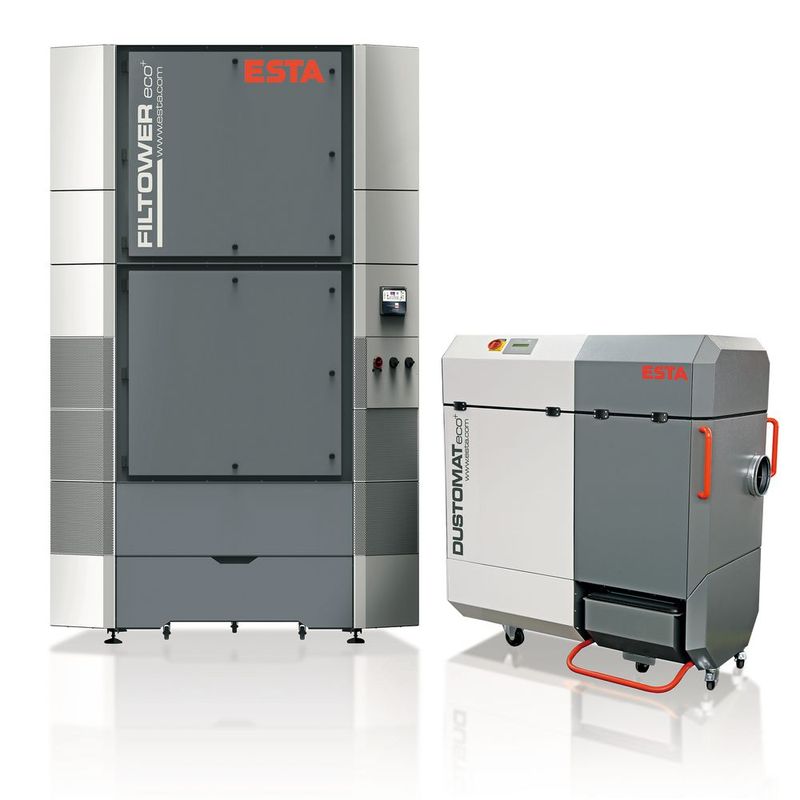 Das Hallenlüftungssystem Filtower zur Einhaltung der Reststaubgrenzwerte in Produktionshallen sowie der mobile Entstauber Dustomat 4 in der neuen „Eco+“-Ausführung. 