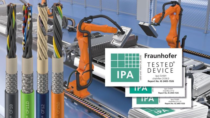 Mehr Sicherheit in der Batteriefertigung: Igus konnte 238 halogenfreie chainflex TPE-Leitungen vom Fraunhofer IPA erfolgreich nach Trockenreinraumklasse 4 und 5 zertifizieren lassen.(Bild:  Igus)