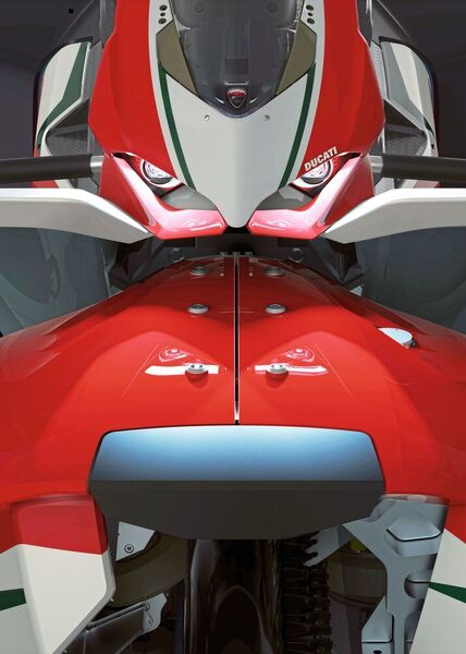 Das Modell Ducati Panigale V4 war auch das Vorbild für Desmo Race, das die Ingenieure von Maurer Rides auf die Achterbahn-Schiene gebracht haben. Es sind sogar Original-Ducati-Komponenten der Ducati Panigale V4 verbaut – Leuchten sowie das Display mit Gang- und Geschwindigkeitsanzeige – und auch voll funktionstüchtig.  (Maurer Rides)