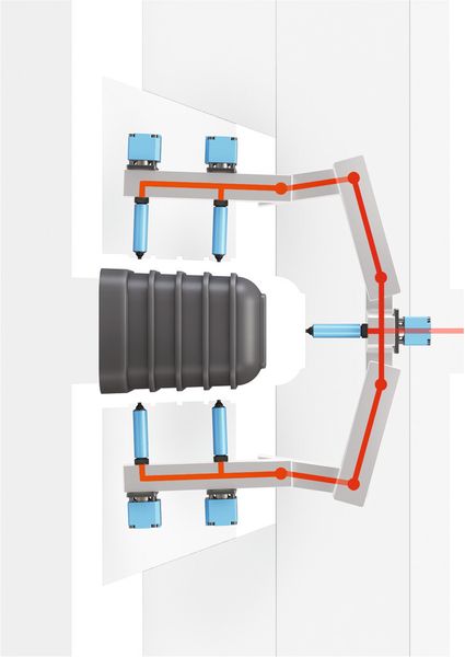 A schematic of the hot runner system with rotating melt transfer joints. Its linked manifolds are said to move freely to distribute plastic anywhere inside the injection mould. (Source: MHS)