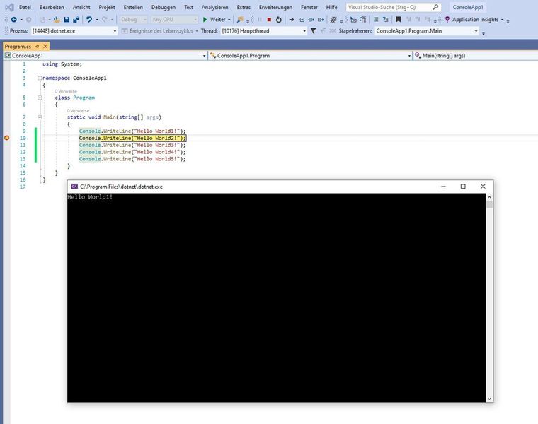 Über das Debugging ist es möglich, Code zeilenweise auszuführen. Auch hier wird das Ergebnis in der Konsole oder in der grafischen Oberfläche angezeigt.  (Joos / Microsoft)