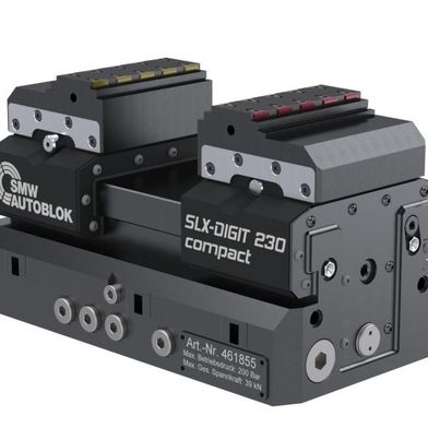Der hydraulische Langhubspanner SLX digit 230 compact überzeugt mit stufenlosem Hub und automatisiertem Backenwechsel bei geringem Platzbedarf.
 (Bild: SMW-Autoblok)