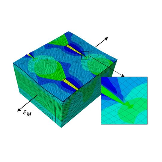 Elastische Elektronik! Wird die Struktur der Verbundwerkstoffe verformt, weiten sich bestehende Risse. Mit Computersimulationen haben Wuppertaler Wissenschaftler nun die Ausbildung der Risse genauer untersucht und die Grenzen der dehnbaren Strukturen ausgelotet.(Bild:  Uni Wuppertal)