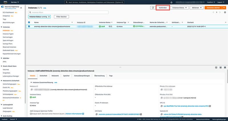 Die EC2-Konsole: Im Menüpunkt „Instances“ die Instanz “anomaly-detection-data-streams/producerInstance” wählen. Mit einem Klick auf „Verbinden“ oben rechts bestätigt man die Wahl.
